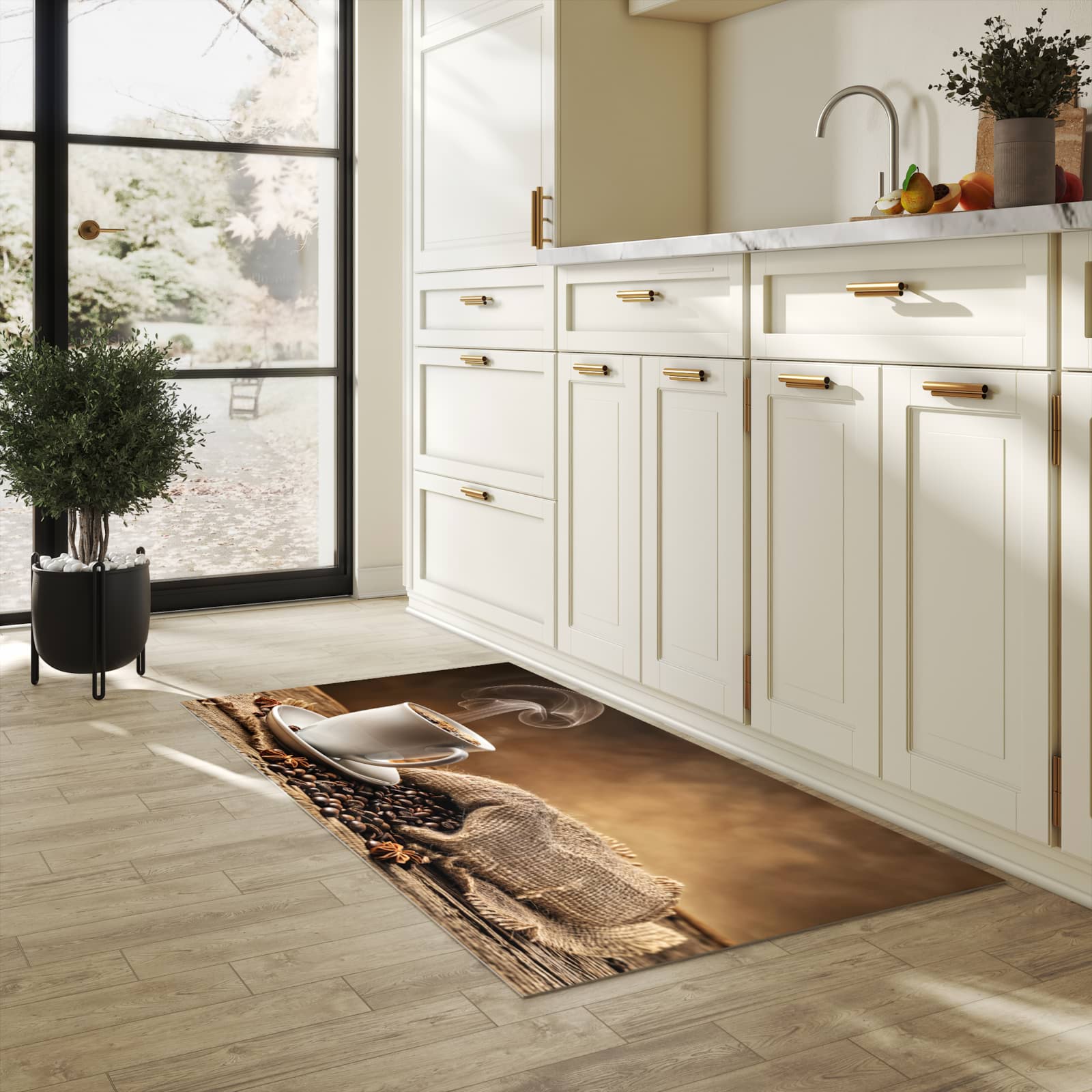 Dünner Küchenteppich mit Motiv Sanfte Kaffeegenuss in heller Küche für angenehme Haptik
