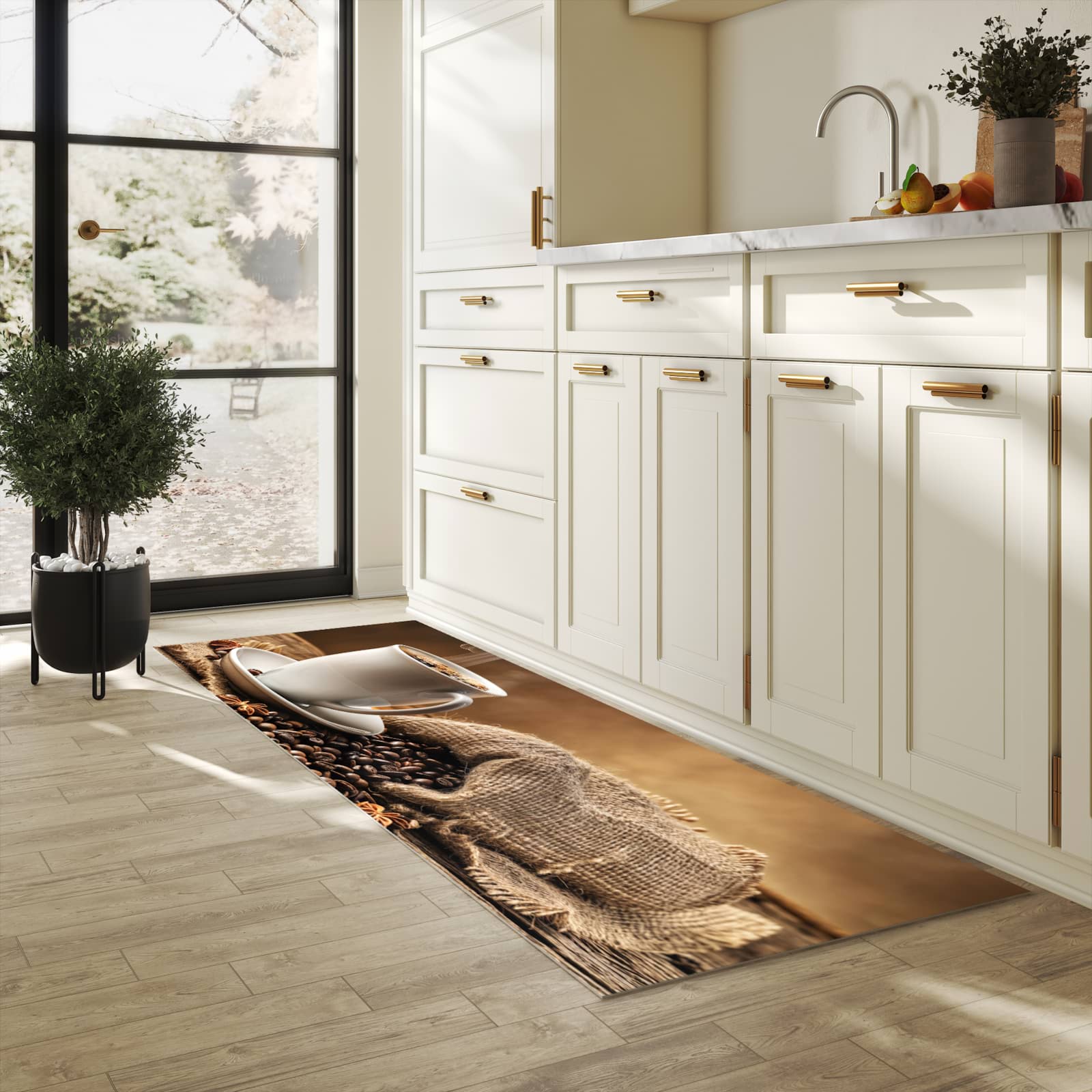 Komfortabler langer Teppich mit Motiv Sanfte Kaffeegenuss in heller Küche