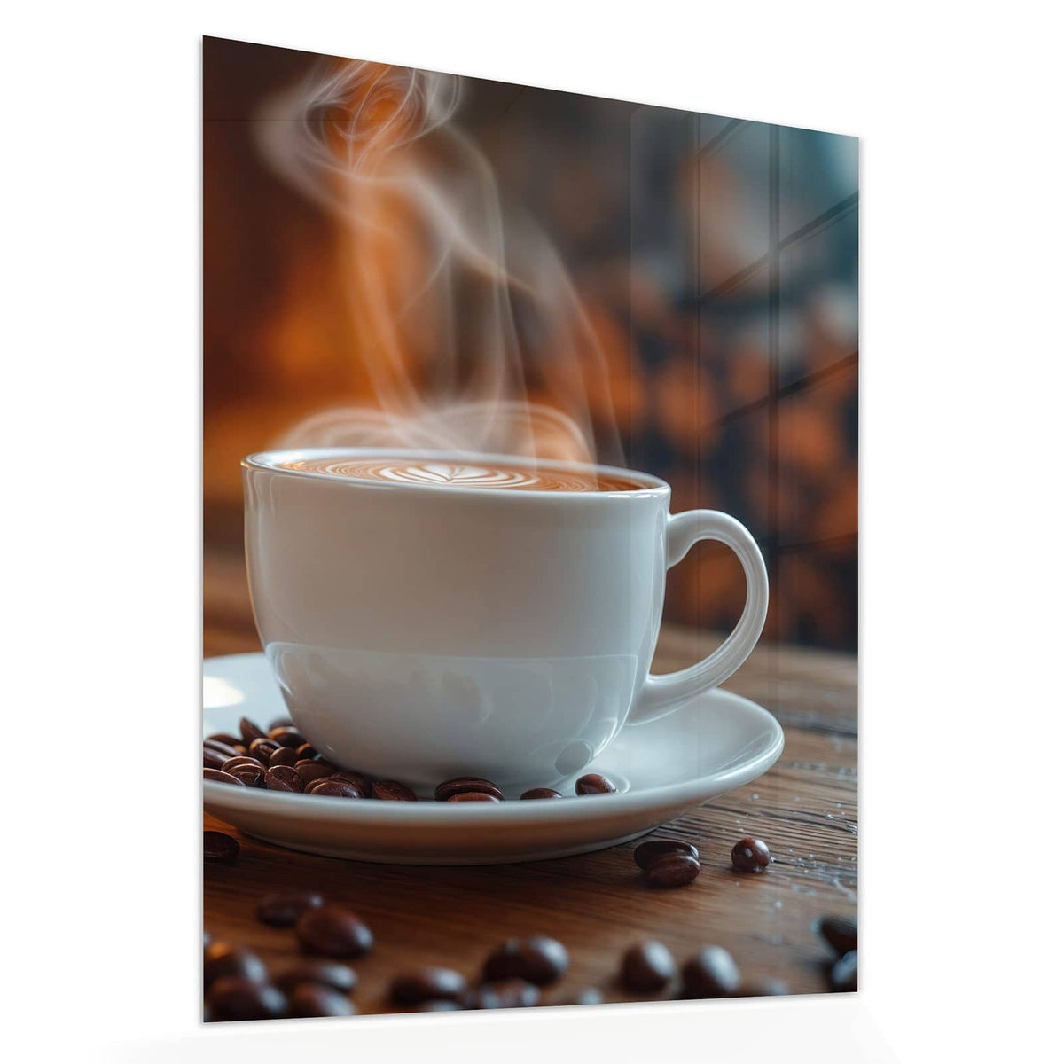 Echtglas, 4 mm – kein Acryl, keine Folie – Wandbild - Kaffee am Kaminfeuer - Hochformat