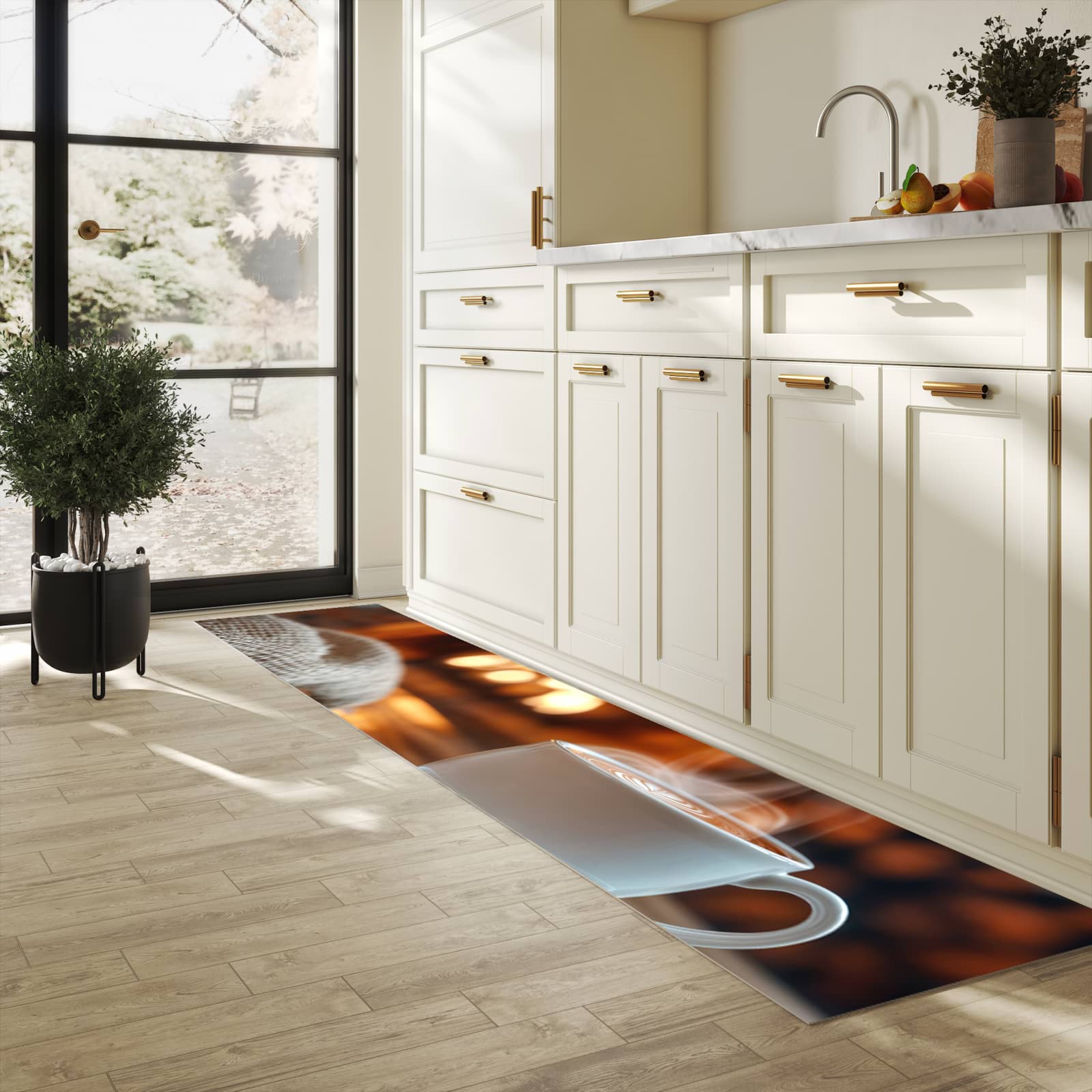 Küchenteppich mit Motiv Gemütliche Kaffeepause für angenehme Haptik in heller Küche