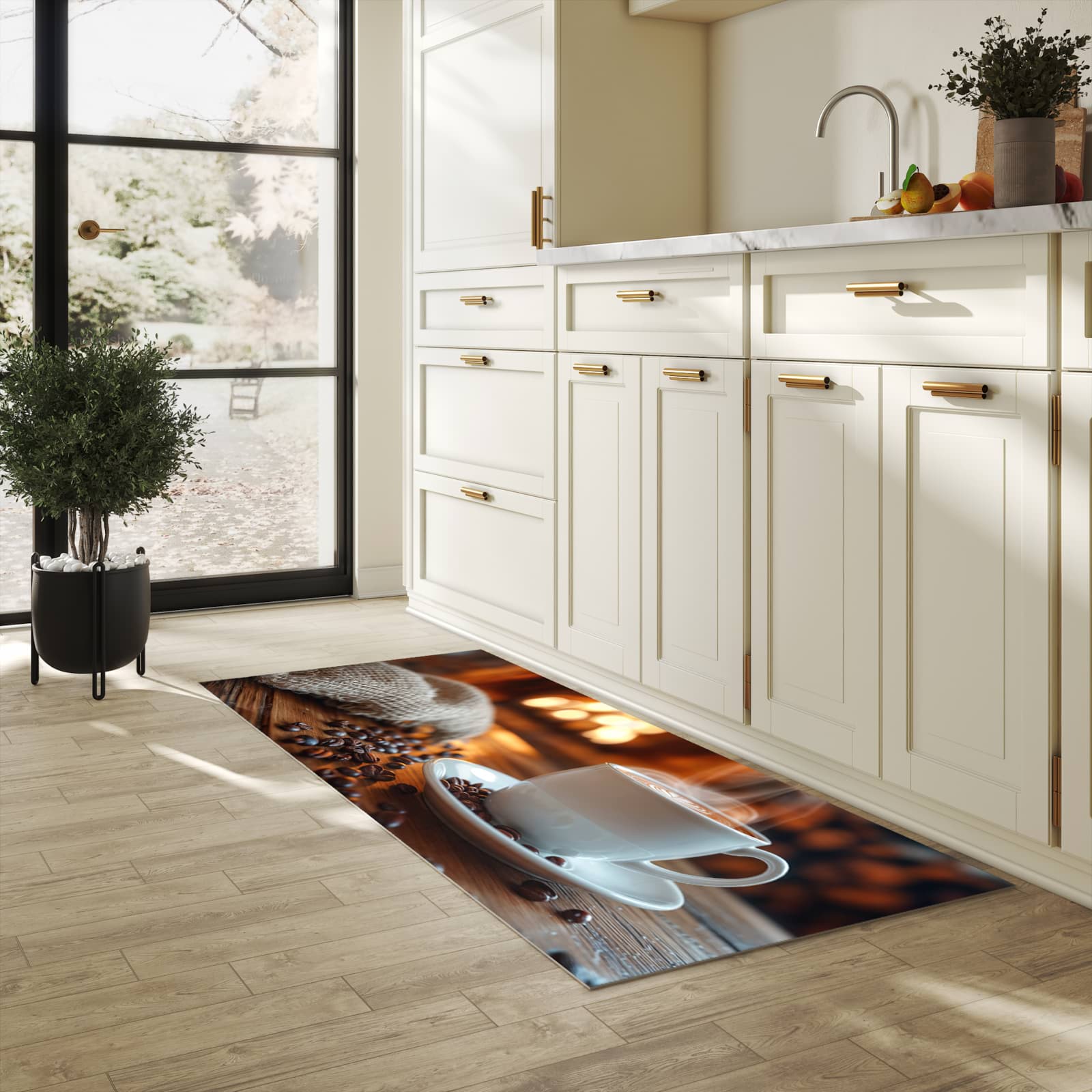Strapazierfähiger Küchenteppich mit Motiv Gemütliche Kaffeepause in heller Küche