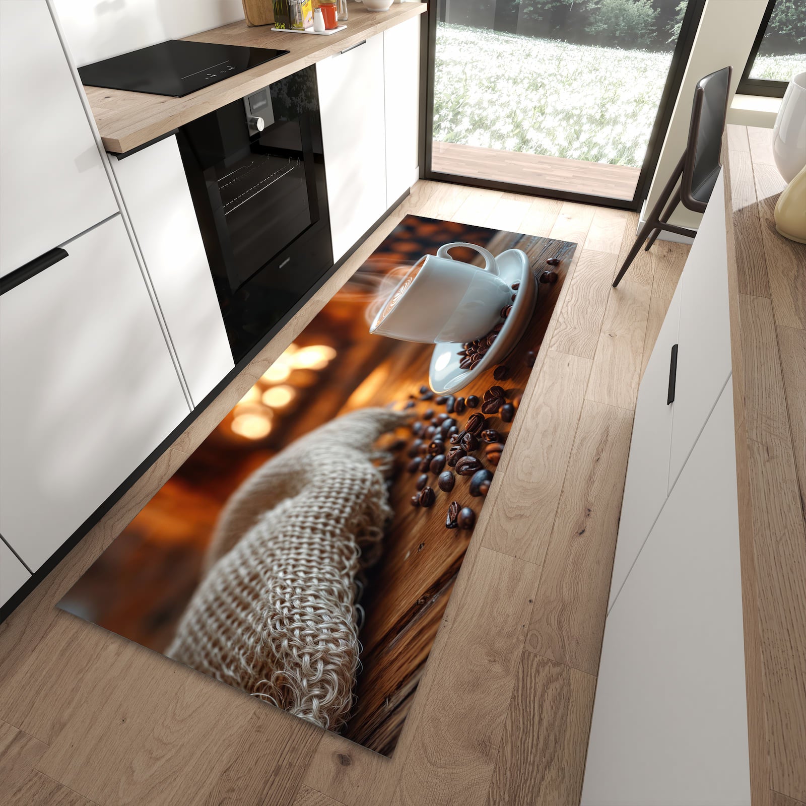 Formstabiler Küchenläufer nach Maß mit Motiv Gemütliche Kaffeepause in moderner Küche