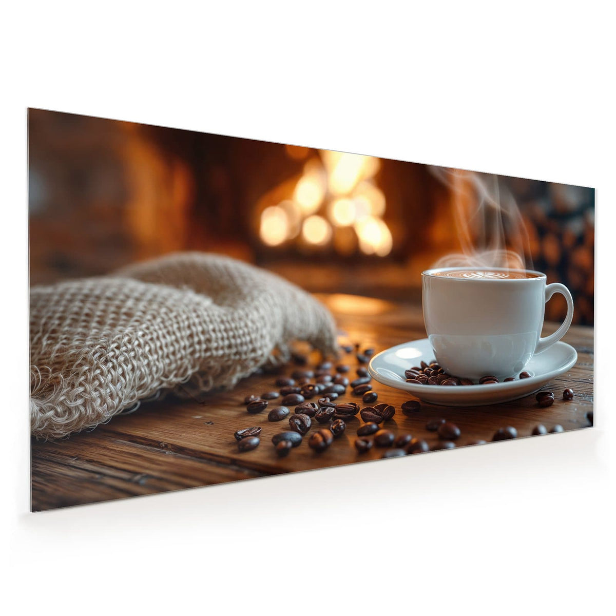 Küchenrückwand aus Glas im Hochformat mit Motiv Kaffee am Kaminfeuer: Weiße Tasse mit Latte-Art und aufsteigendem Dampf, Bohnen auf der Untertasse