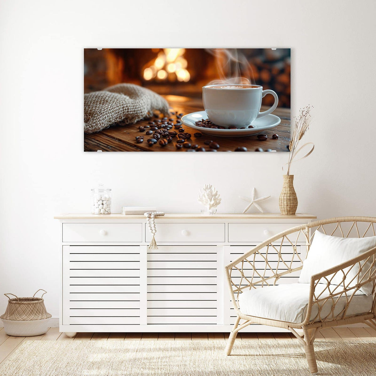 Echtglas, 4 mm – kein Acryl, keine Folie – Wandbild - Kaffee am Kaminfeuer - Querformat