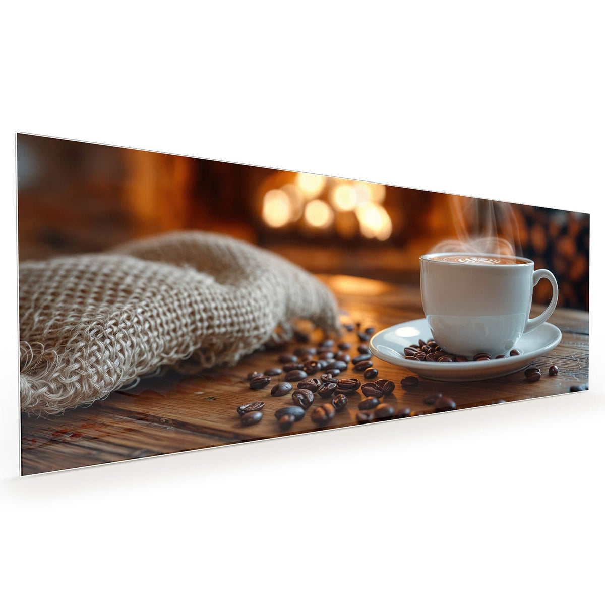 Küchenrückwand aus Glas im Hochformat mit Motiv Kaffee am Kaminfeuer: Weiße Tasse mit Latte-Art und aufsteigendem Dampf, Bohnen auf der Untertasse #grösse_40 x 100 cm #grösse_50 x 125 cm #grösse_60 x 150 cm
