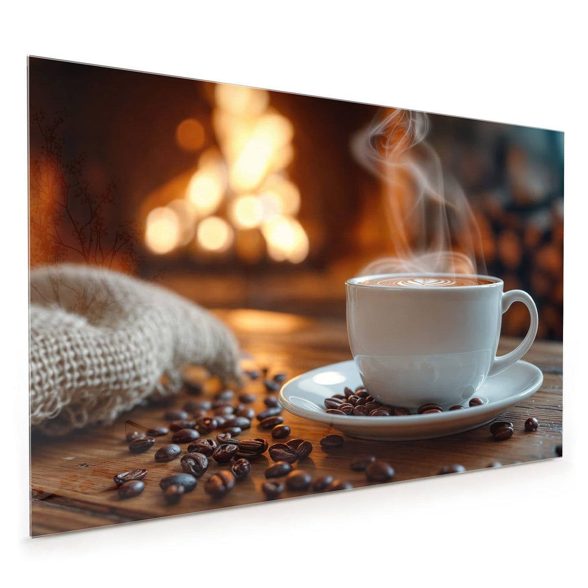 Küchenrückwand aus Glas im Hochformat mit Motiv Kaffee am Kaminfeuer: Weiße Tasse mit Latte-Art und aufsteigendem Dampf, Bohnen auf der Untertasse