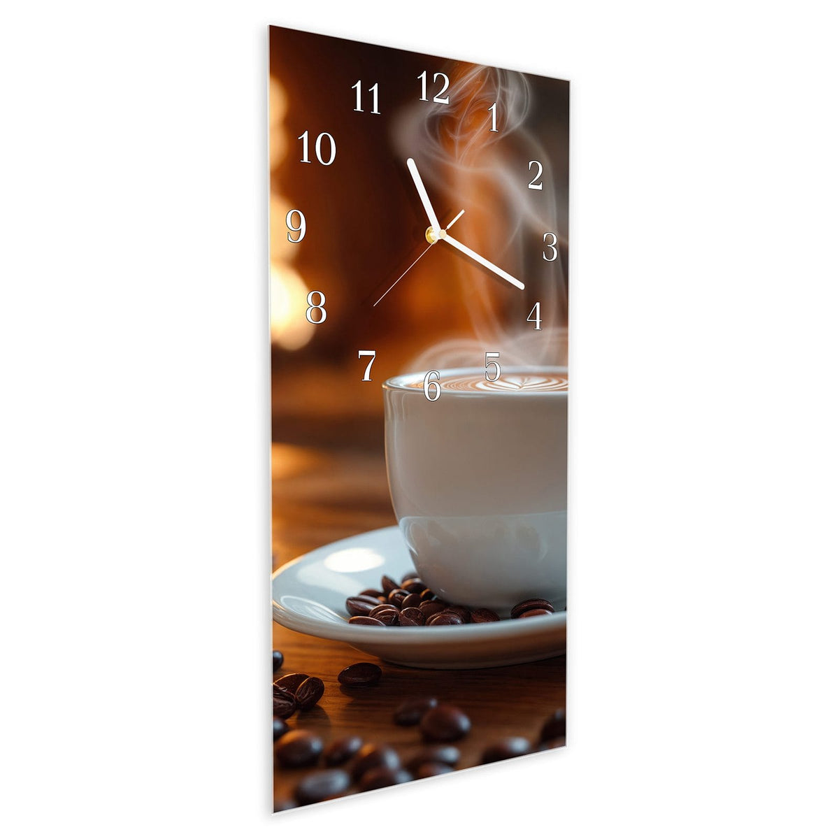 Vormontiert – mit Schwebeeffekt – Wanduhr Gemütliche Kaffeepause aus Glas – Hochformat 30 × 60 cm