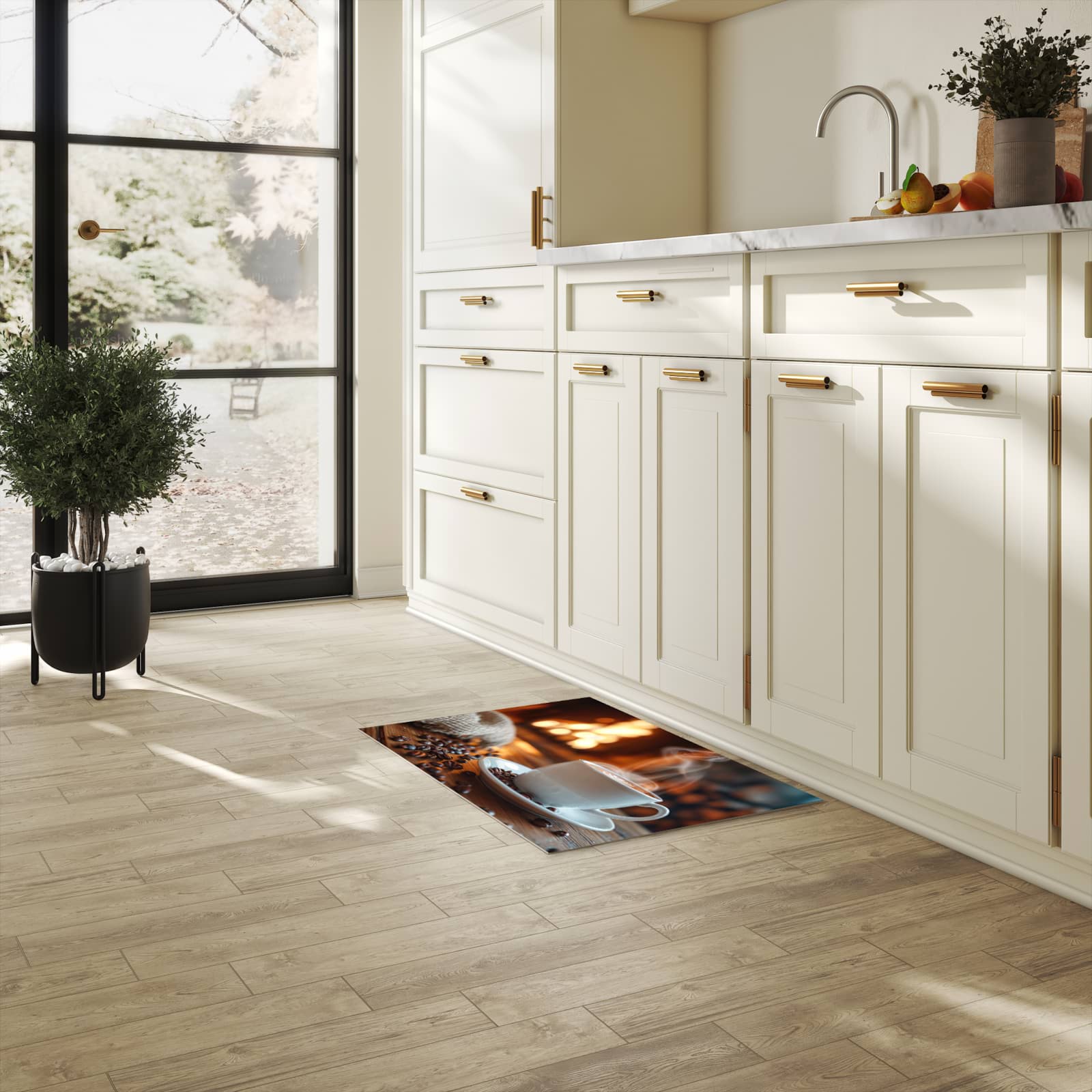 Hygienischer Küchenteppich mit Motiv Gemütliche Kaffeepause in heller Küche