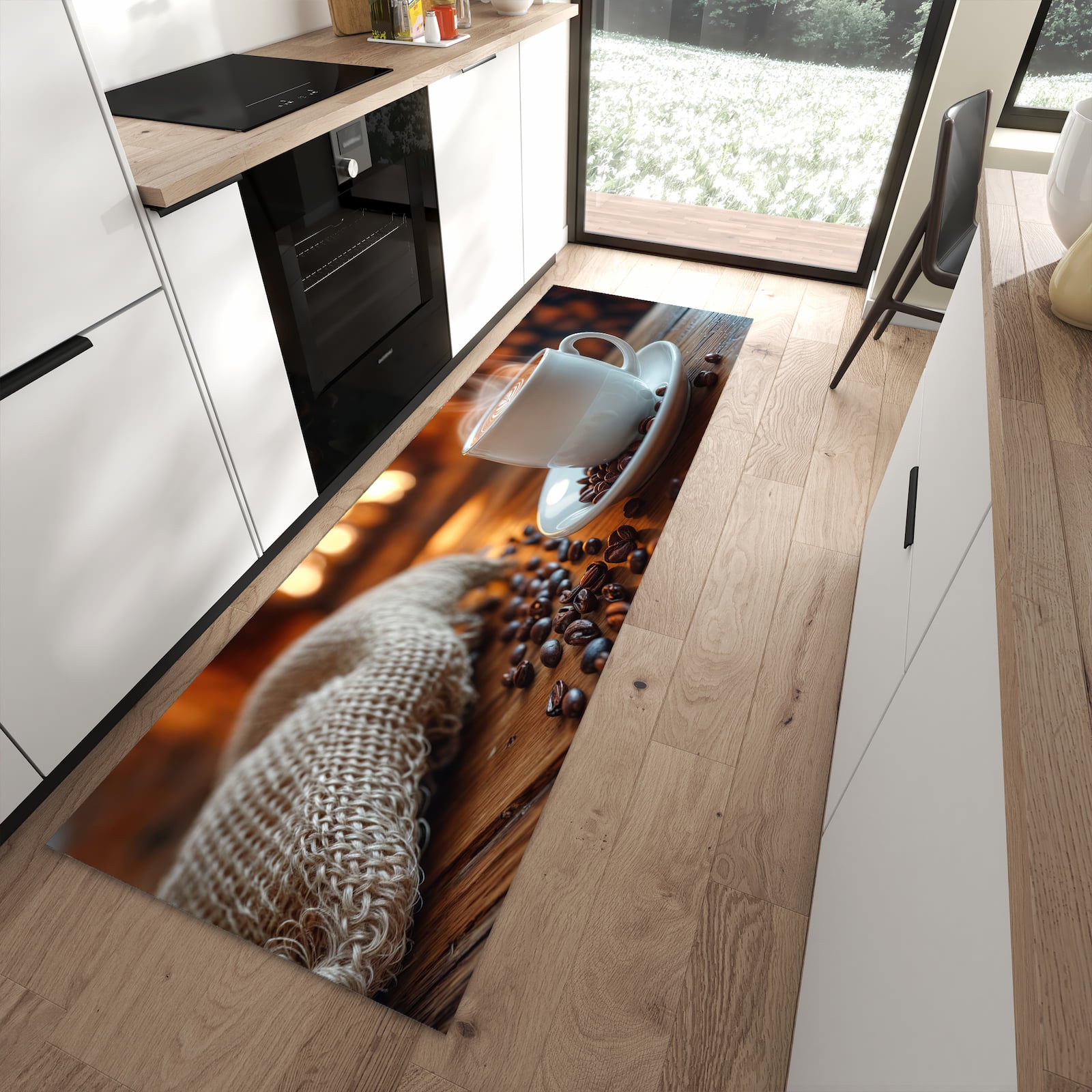 Bodenschonender rutschfester Küchenläufer mit Motiv Gemütliche Kaffeepause in moderner Küche