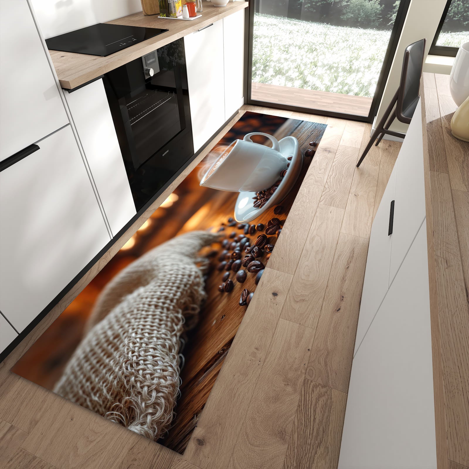 Waschbarer Küchenläufer mit Motiv Gemütliche Kaffeepause für Ordnung in moderner Küche