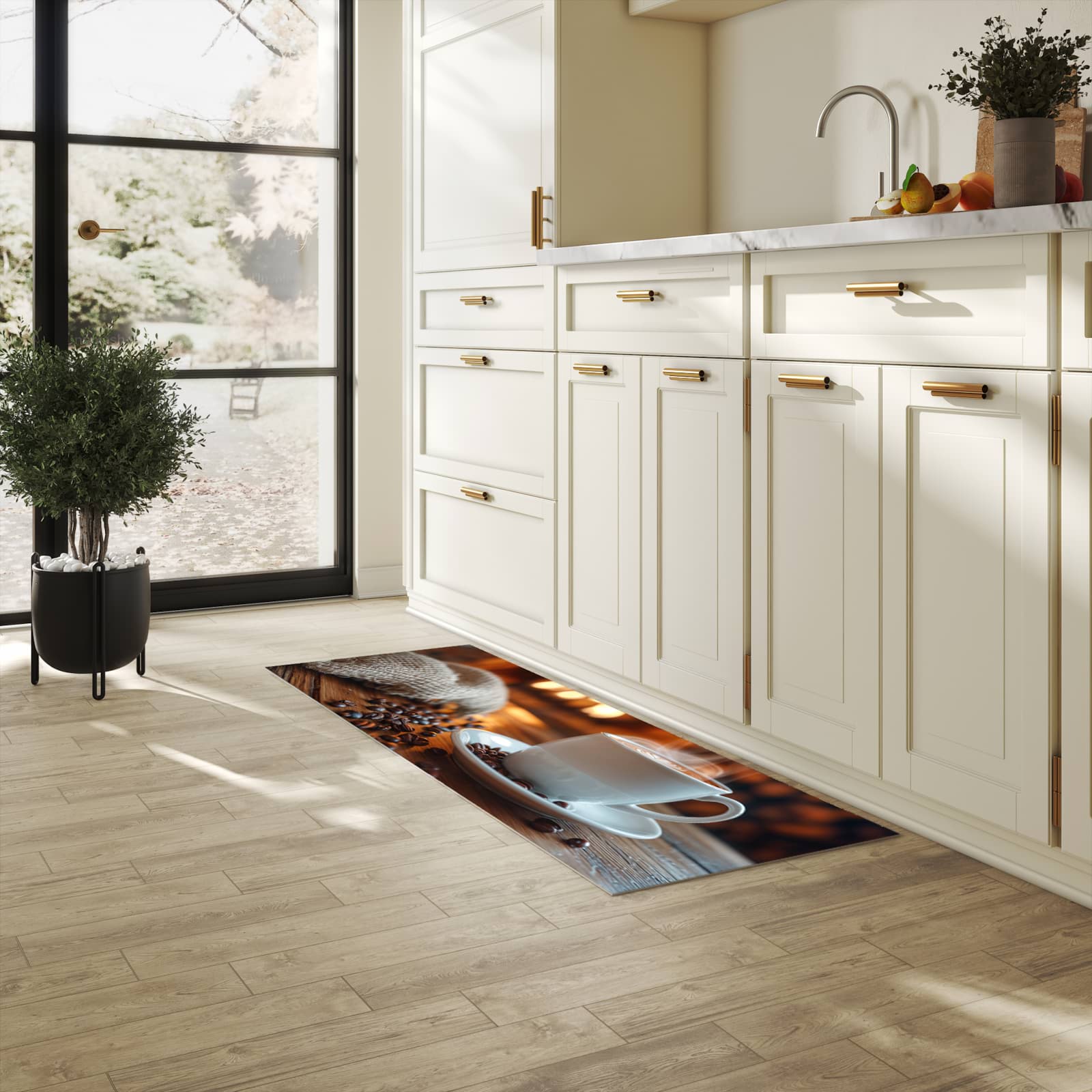 Komfortabler abwaschbarer Küchenteppich mit Motiv Gemütliche Kaffeepause in heller Küche