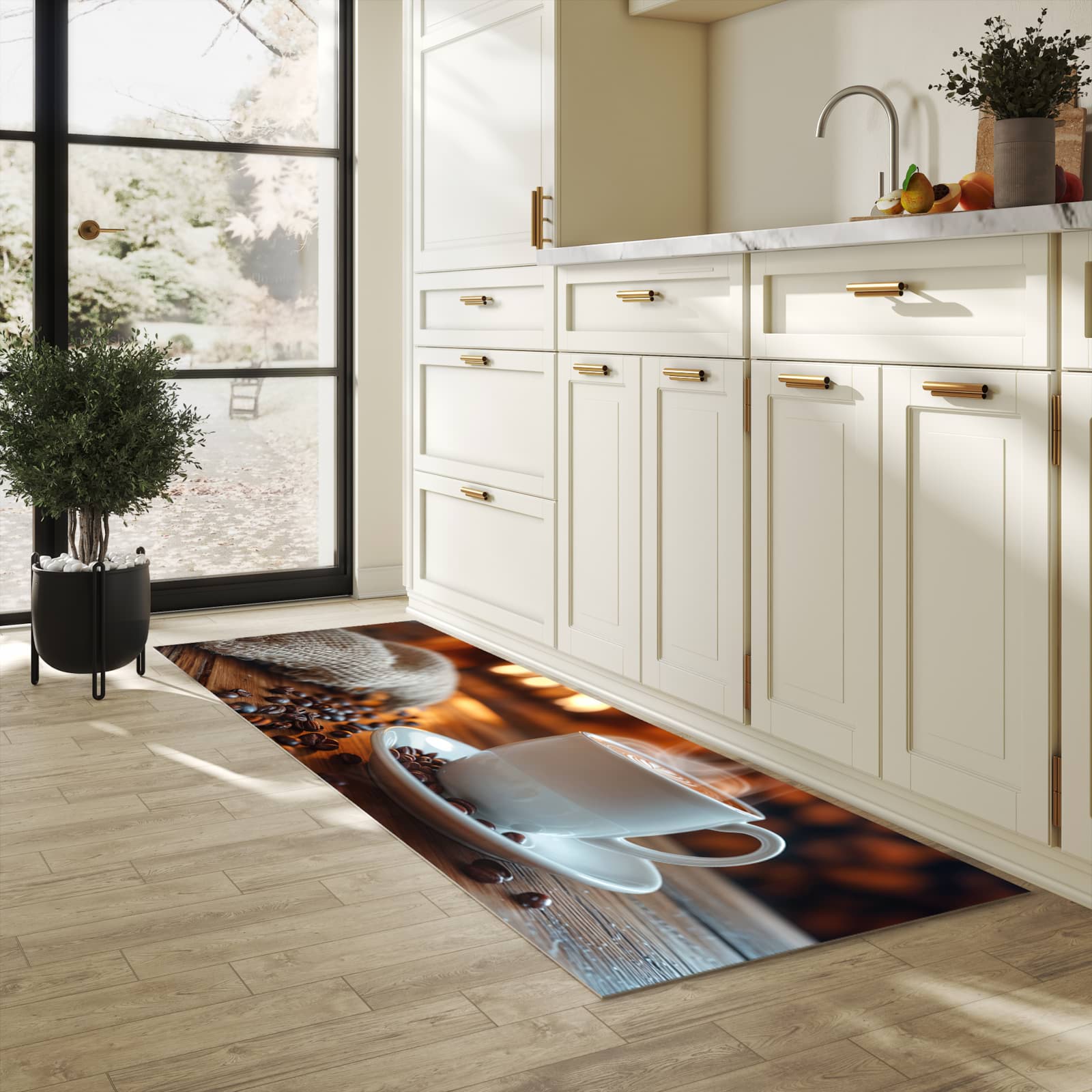 Waschbarer Küchenteppich mit Motiv Gemütliche Kaffeepause in heller Küche