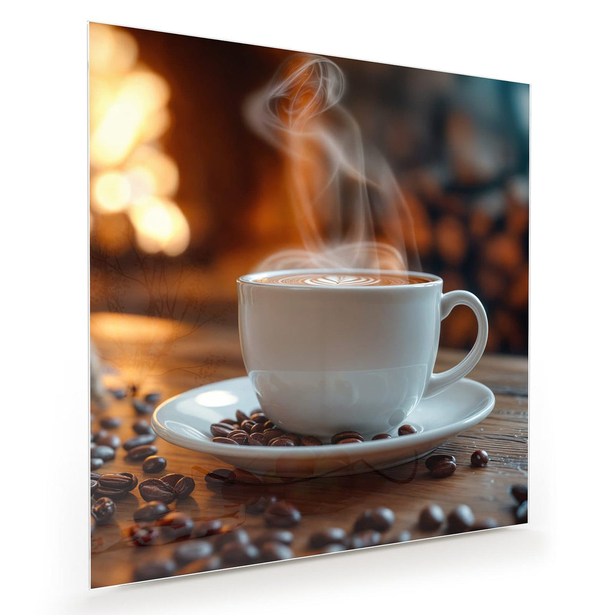 Weiße Tasse mit Latte-Art und aufsteigendem Dampf, Bohnen auf der Untertasse, im Hintergrund warmes Feuerlicht