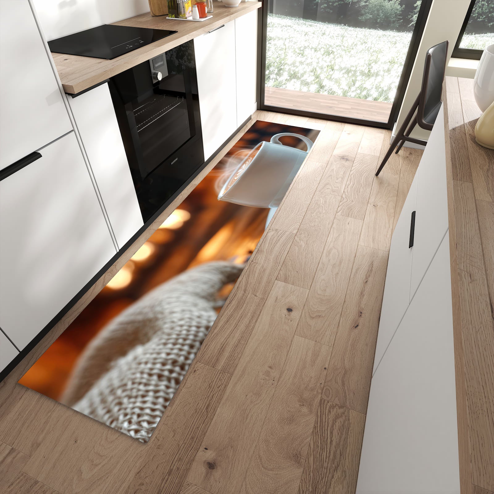 Waschbarer Küchenläufer mit Motiv Gemütliche Kaffeepause in moderner Küche