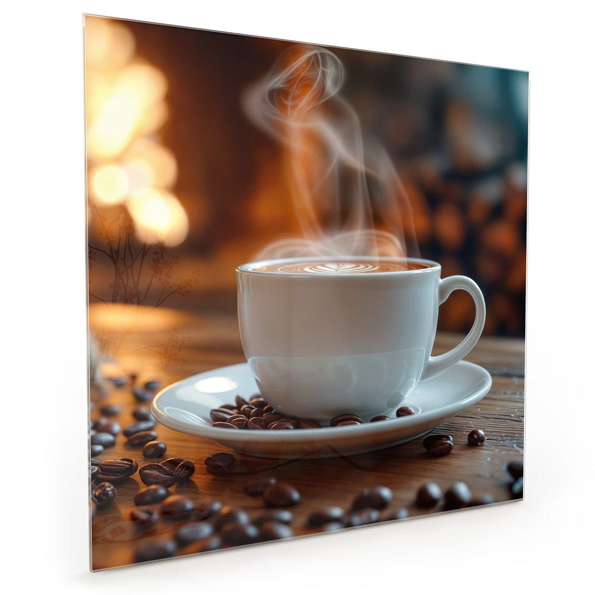 Küchenrückwand aus Glas im quadratischen Format mit Motiv Kaffee am Kaminfeuer: Weiße Tasse mit Latte-Art und aufsteigendem Dampf, Bohnen auf der Untertasse #grösse_40 x 40 cm #grösse_50 x 50 cm #grösse_60 x 60 cm