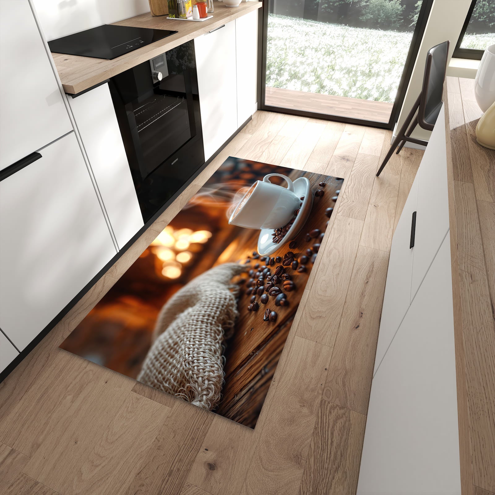 Farbbeständiger Küchenläufer mit Motiv Gemütliche Kaffeepause in moderner Küche