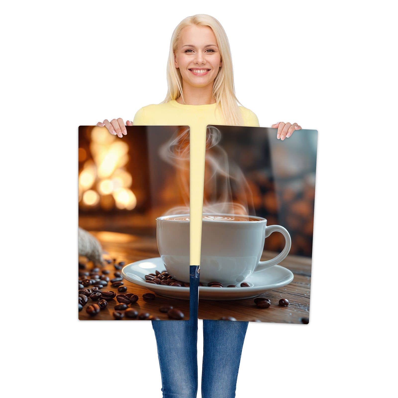 2-teilige Herdabdeckplatten mit Gemütliche Kaffeepause-Motiv wird zur Größendarstellung gehalten