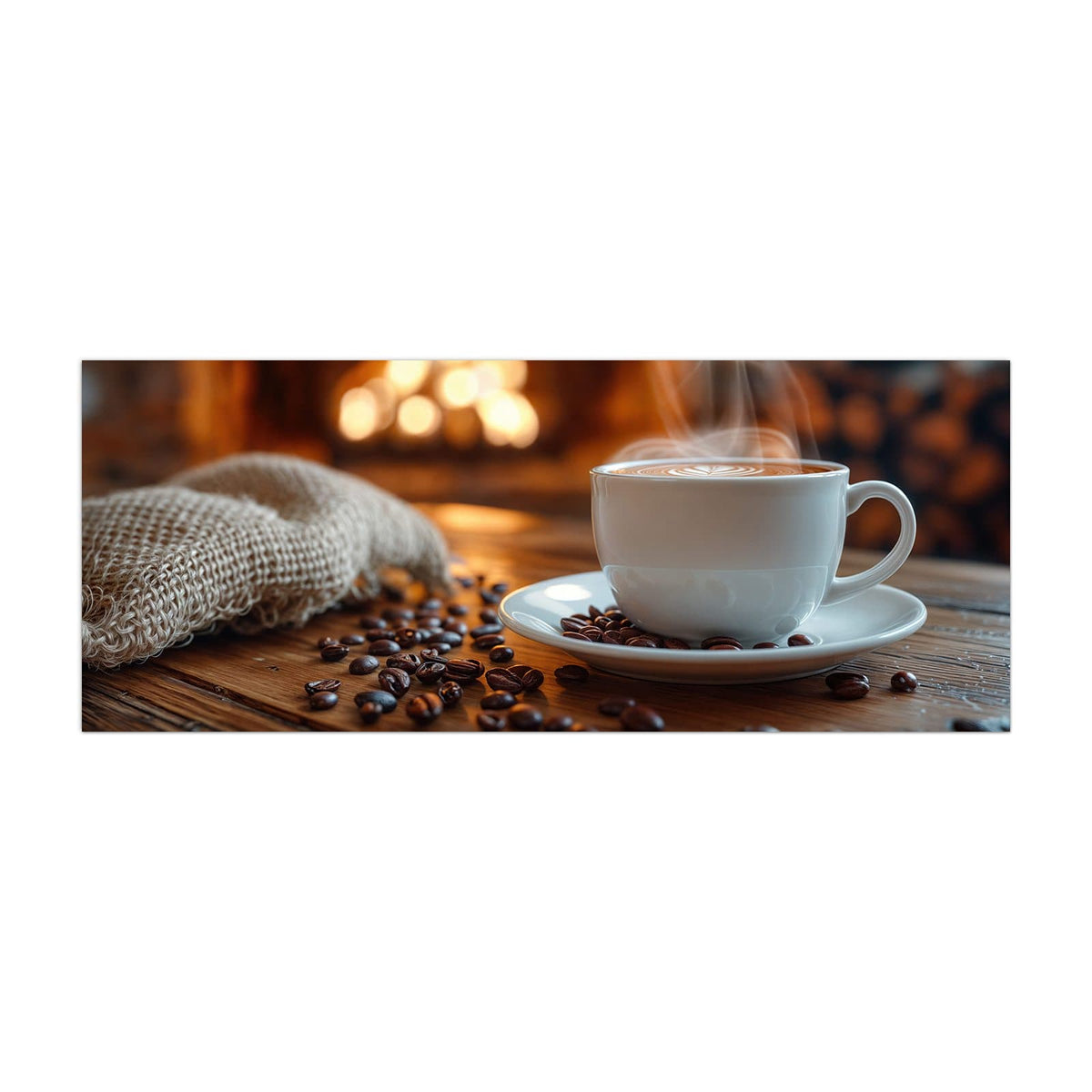 Küchenrückwand aus Glas Kaffee am Kaminfeuer im Hochformat, Motiv bildfüllend von vorn