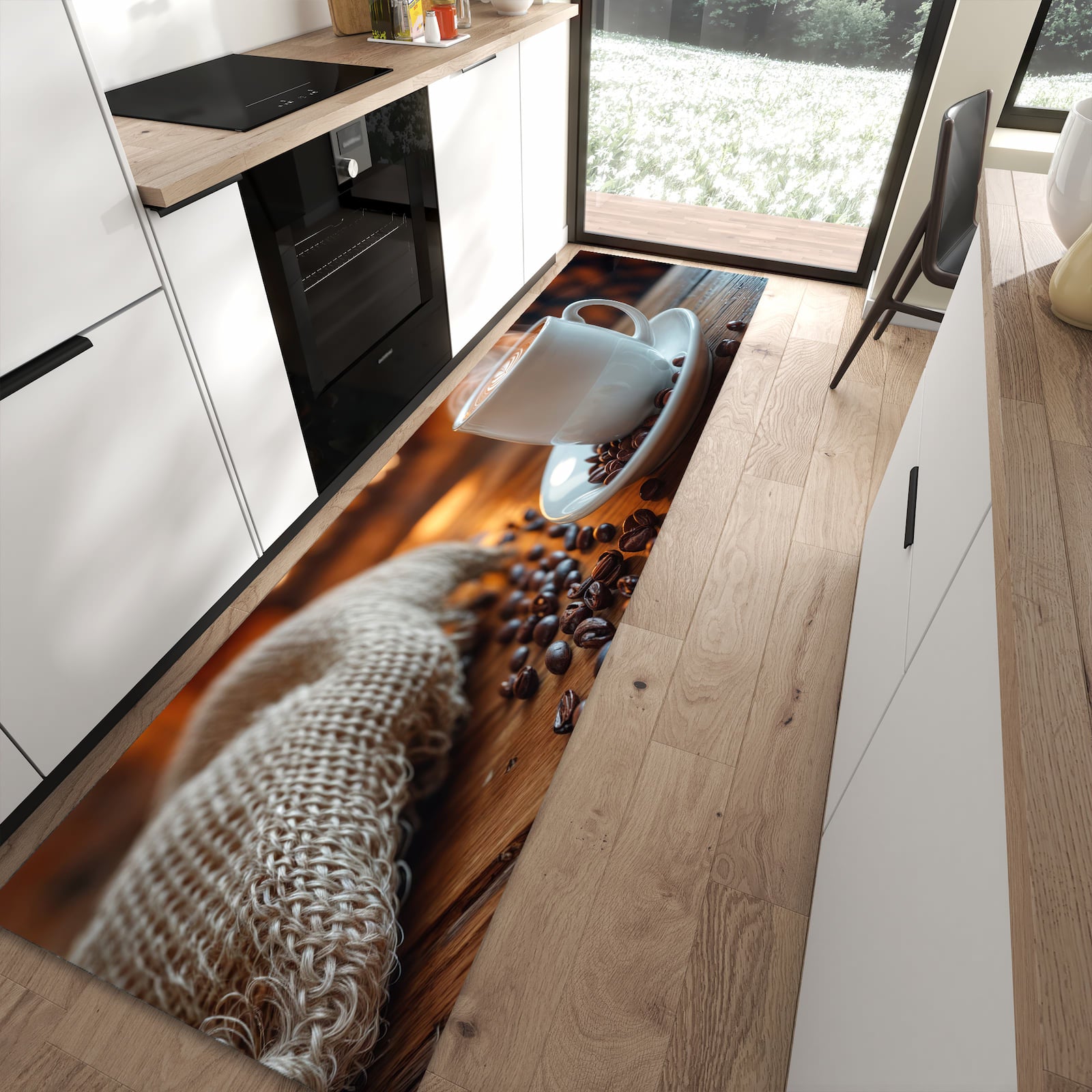 Bodenschonender rutschfester Küchenläufer mit Motiv Gemütliche Kaffeepause in moderner Küche