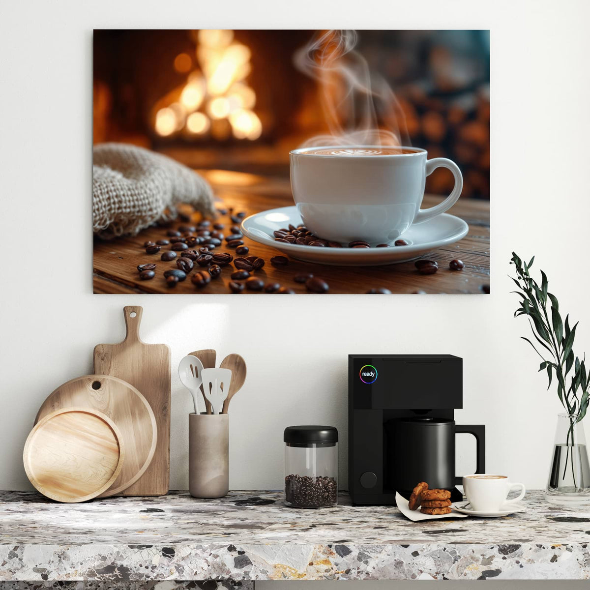 Metall Magnettafel - Kaffee am Kaminfeuer – Dampfender Kaffee vor Kaminfeuer