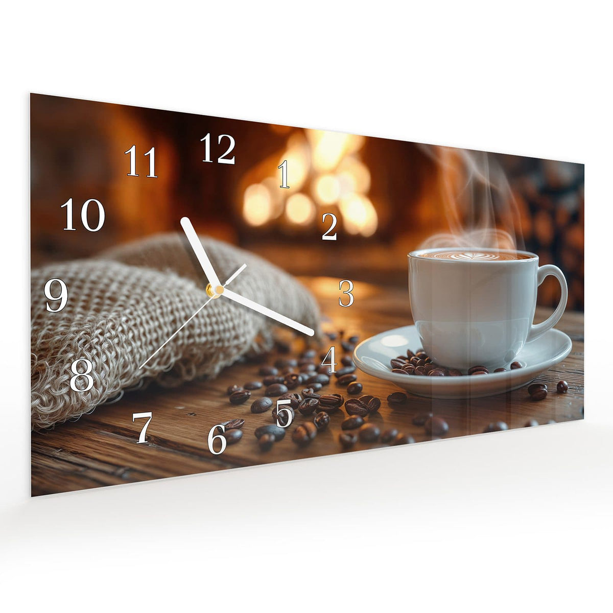 Vormontiert – mit Schwebeeffekt – Wanduhr Gemütliche Kaffeepause aus Glas – Querformat 60 × 30 cm