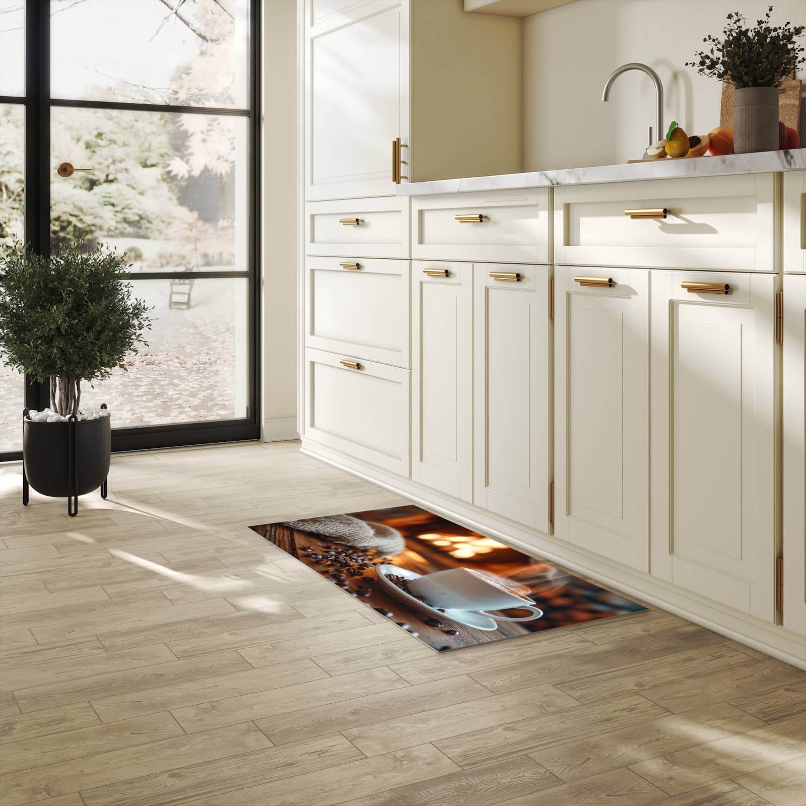 Flacher moderner Küchenläufer mit Motiv Gemütliche Kaffeepause in heller Küche