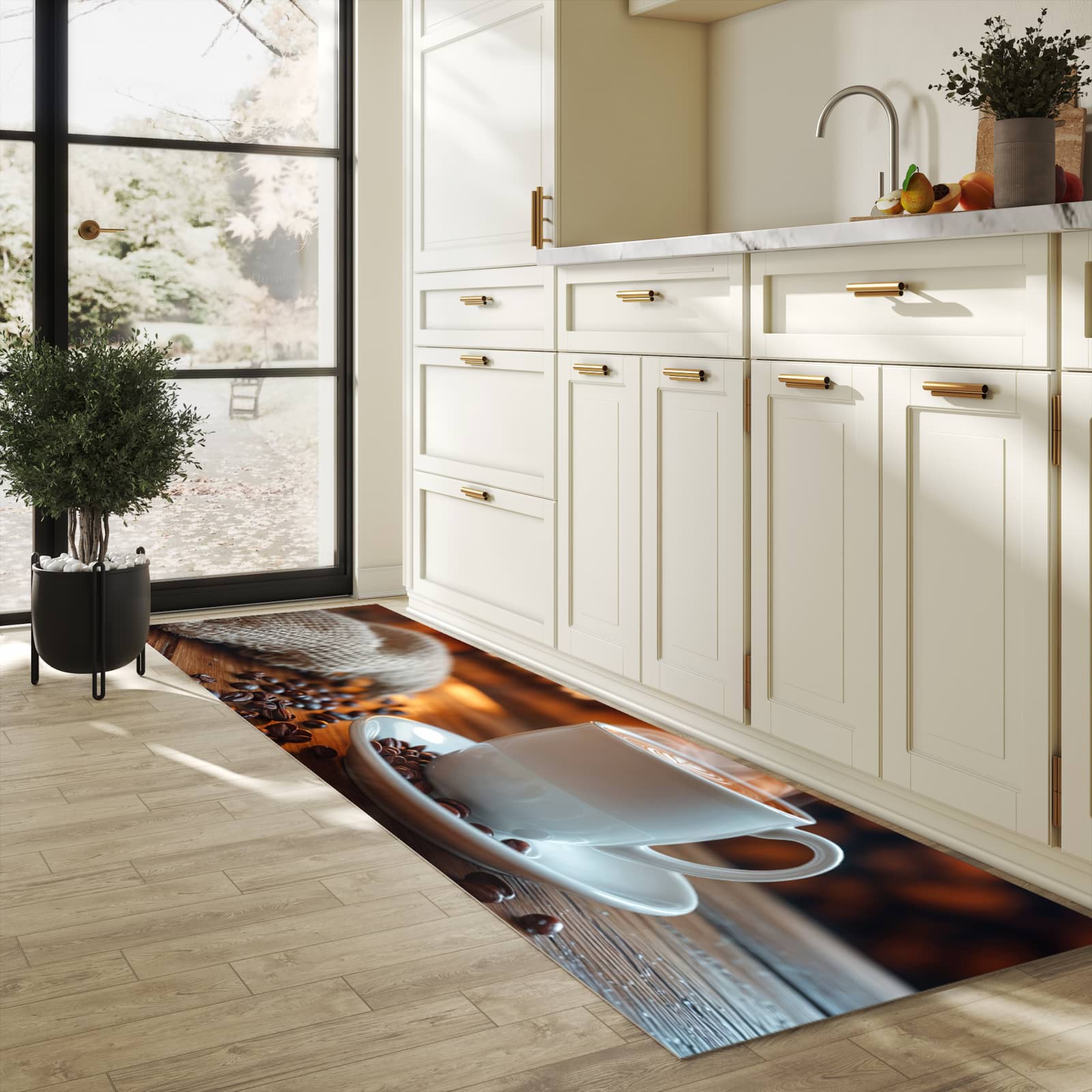 Rutschfester Küchenteppich mit Motiv Gemütliche Kaffeepause in heller Küche