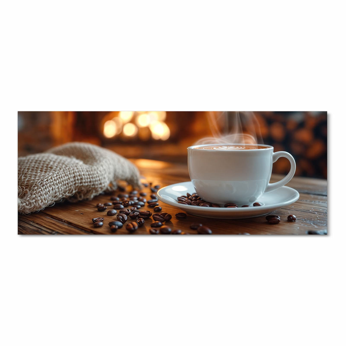Weiße Tasse mit Latte-Art und aufsteigendem Dampf, Bohnen auf der Untertasse, im Hintergrund warmes Feuerlicht
