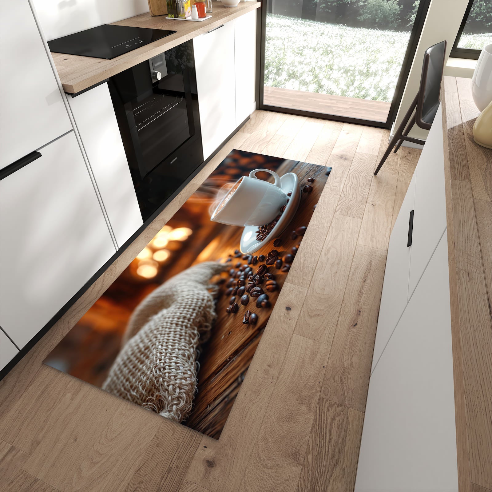 Feuchtigkeitsresistenter rutschfester Küchenläufer mit Motiv Gemütliche Kaffeepause in moderner Küche