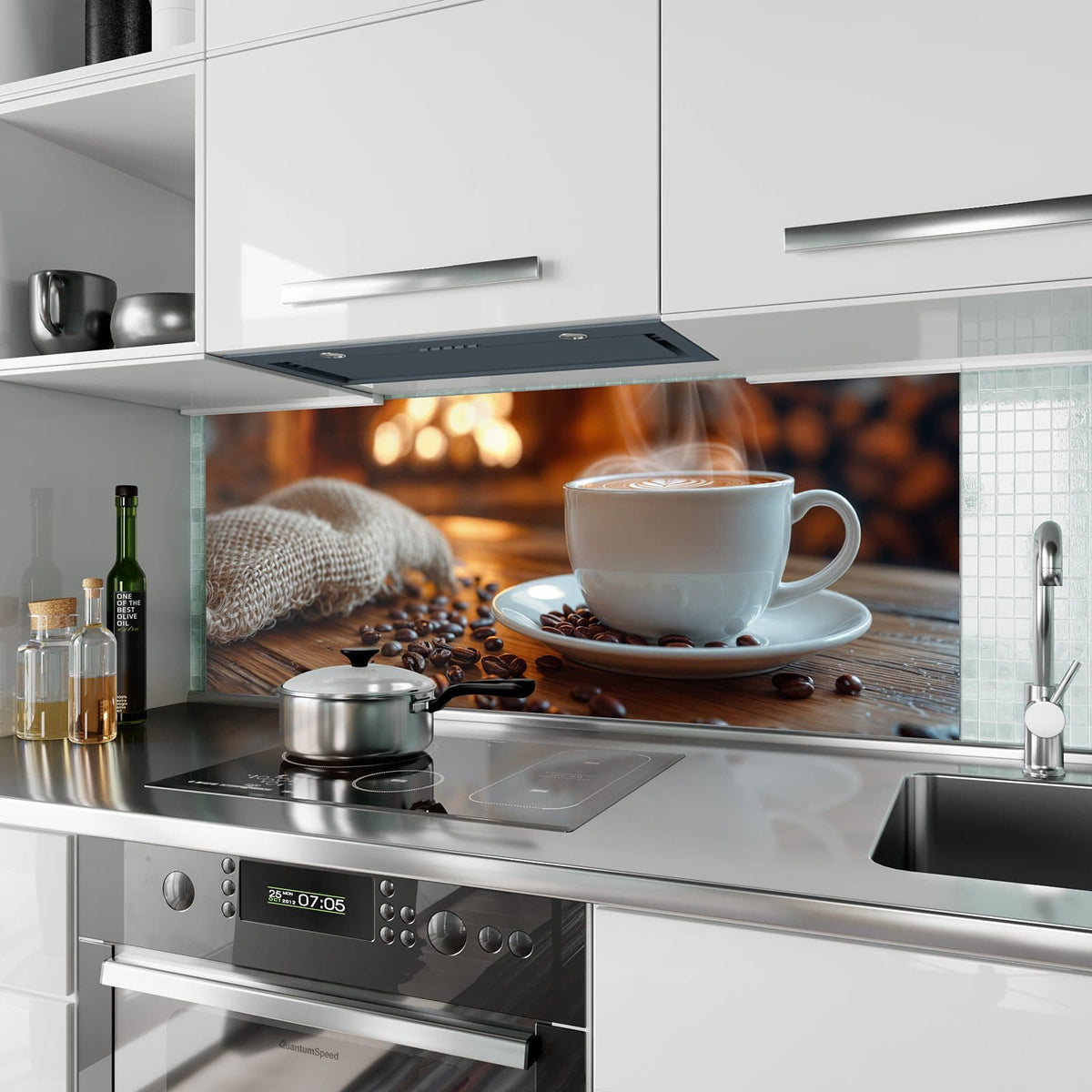 Küchenrückwand aus Glas Kaffee am Kaminfeuer im Hochformat als Spritzschutz hinter dem Kochfeld, über dem Fliesenspiegel montiert