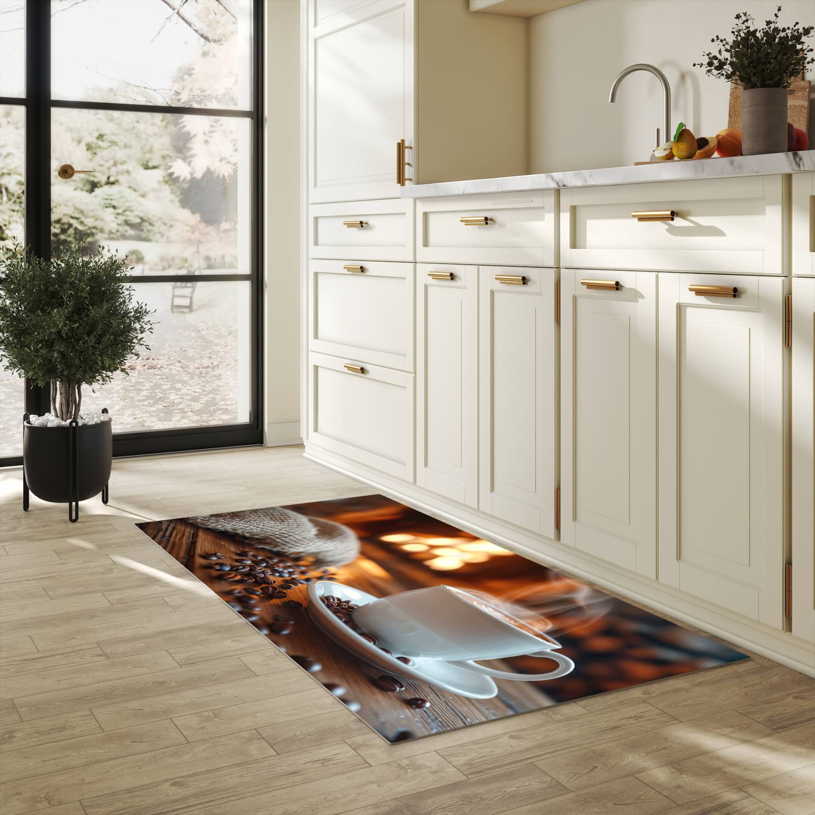 Abriebfester Läufer für die Küche mit Motiv Gemütliche Kaffeepause in heller Küche
