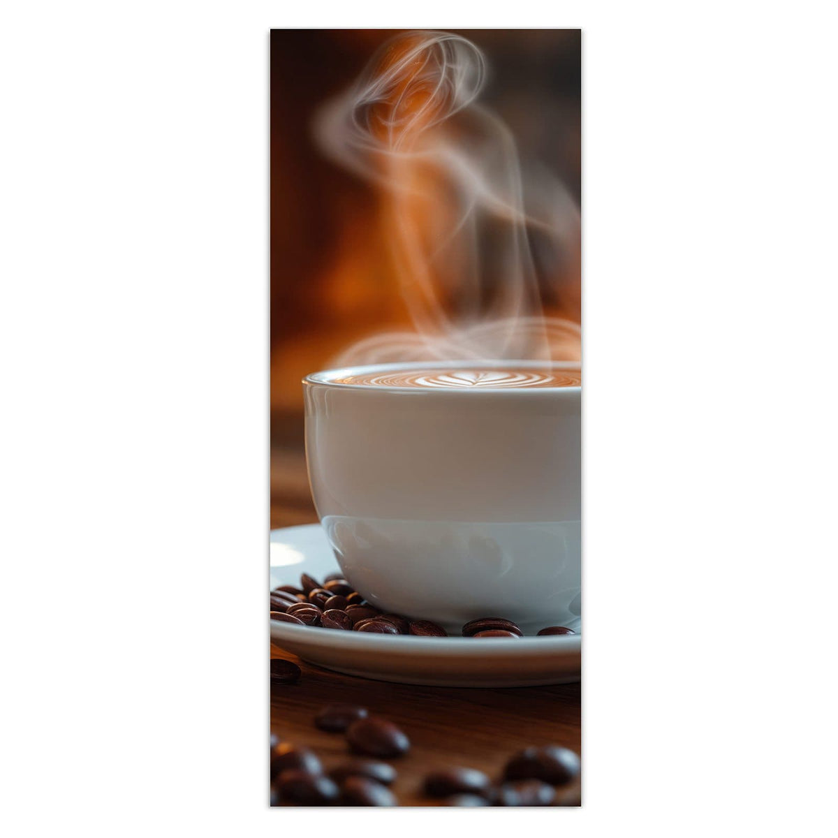 Wandbild - Kaffee am Kaminfeuer - Hochformat – Dampfender Kaffee vor Kaminfeuer