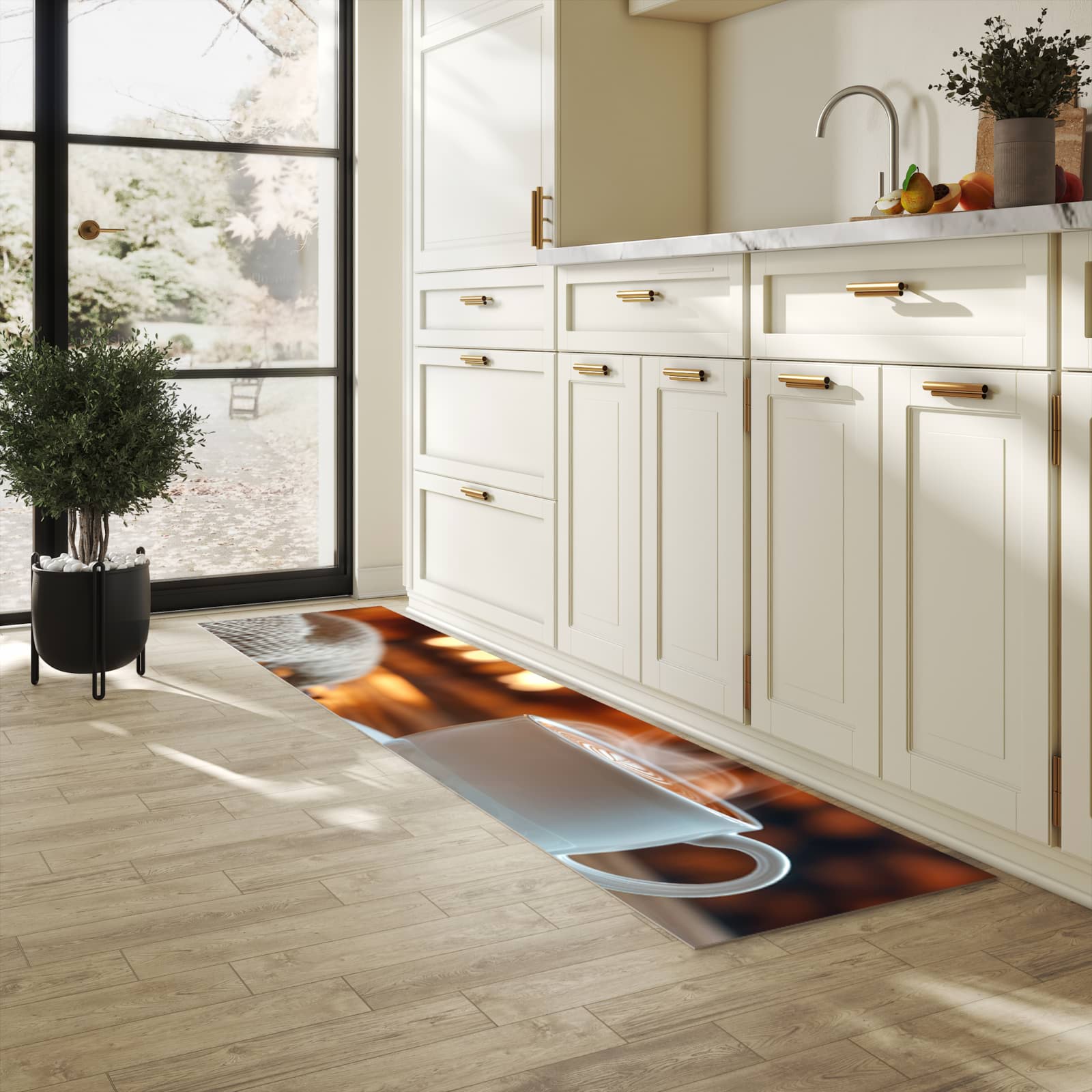 Pflegeleichter Küchenteppich mit Motiv Gemütliche Kaffeepause in heller Küche