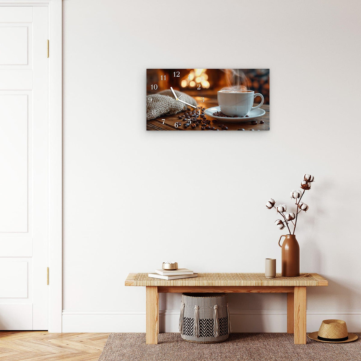 Moderne Wanduhr aus Glas mit Farbtiefe – Wanduhr Gemütliche Kaffeepause aus Glas – Querformat 60 × 30 cm
