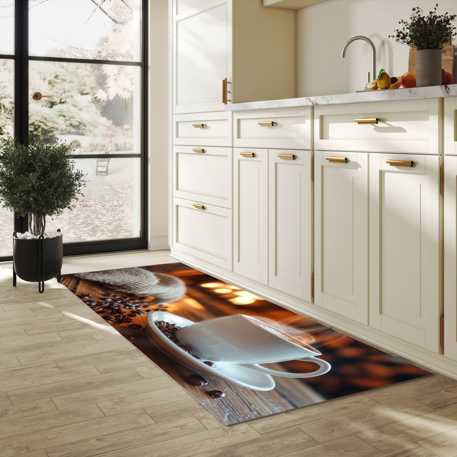 UV-beständiger Küchenläufer mit Motiv Gemütliche Kaffeepause in heller Küche