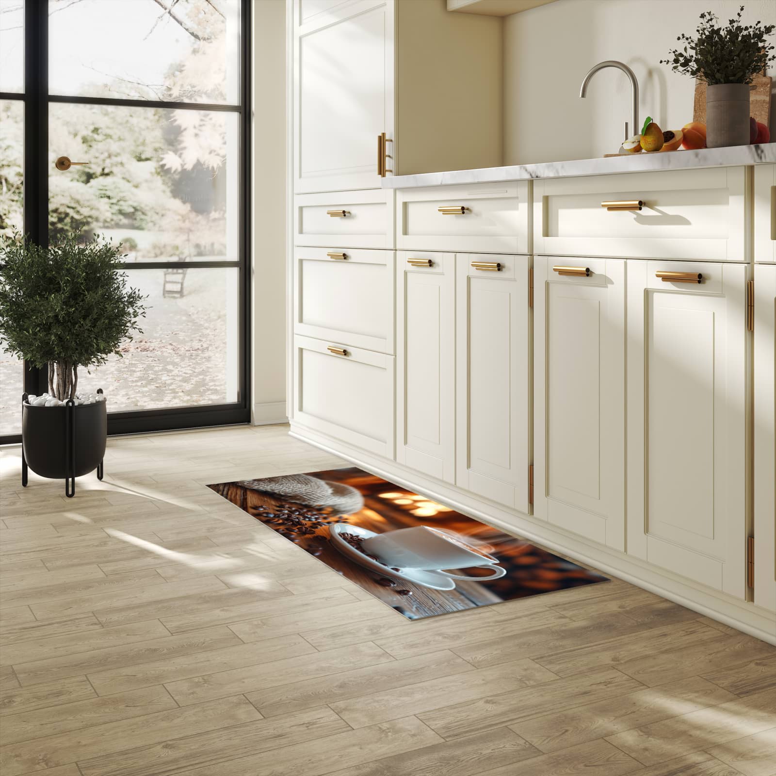 Pflegeleichter Küchenläufer mit Motiv Gemütliche Kaffeepause in heller Küche