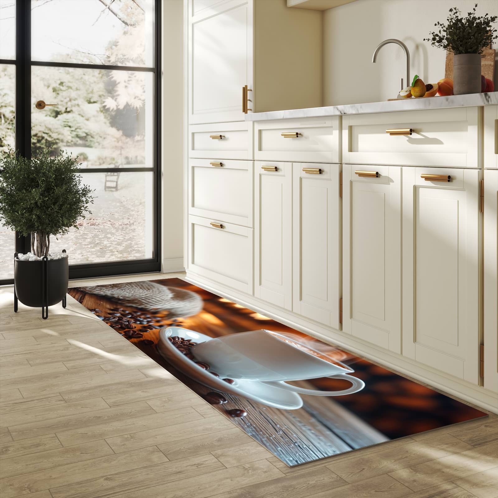 Langlebiger Küchenteppich mit Motiv Gemütliche Kaffeepause in heller Küche