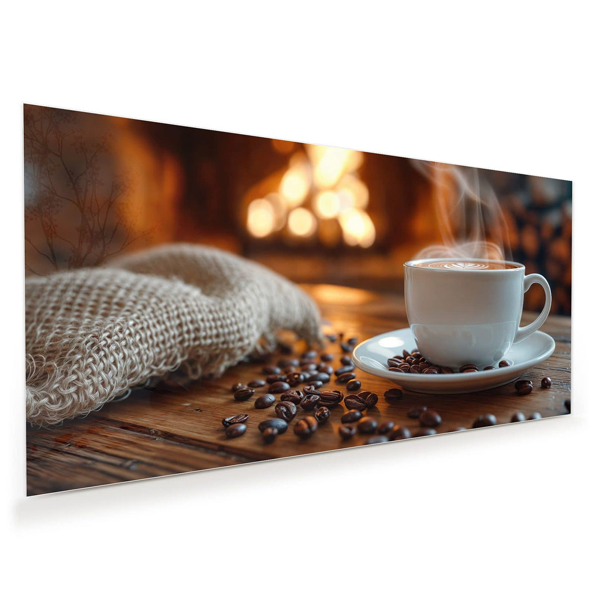 Weiße Tasse mit Latte-Art und aufsteigendem Dampf, Bohnen auf der Untertasse, im Hintergrund warmes Feuerlicht
