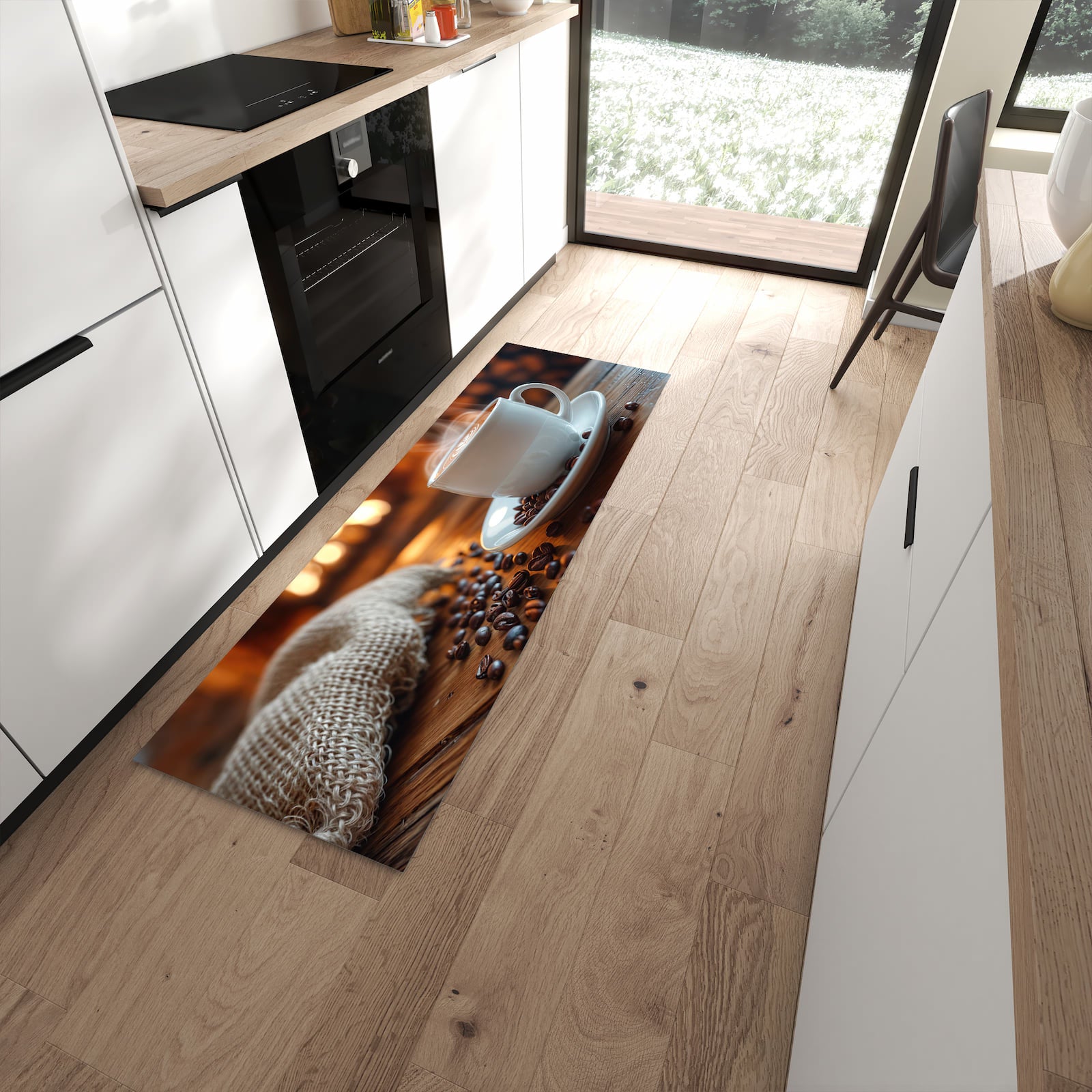 Hygienischer Küchenteppich mit Motiv Gemütliche Kaffeepause in moderner Küche - waschbar