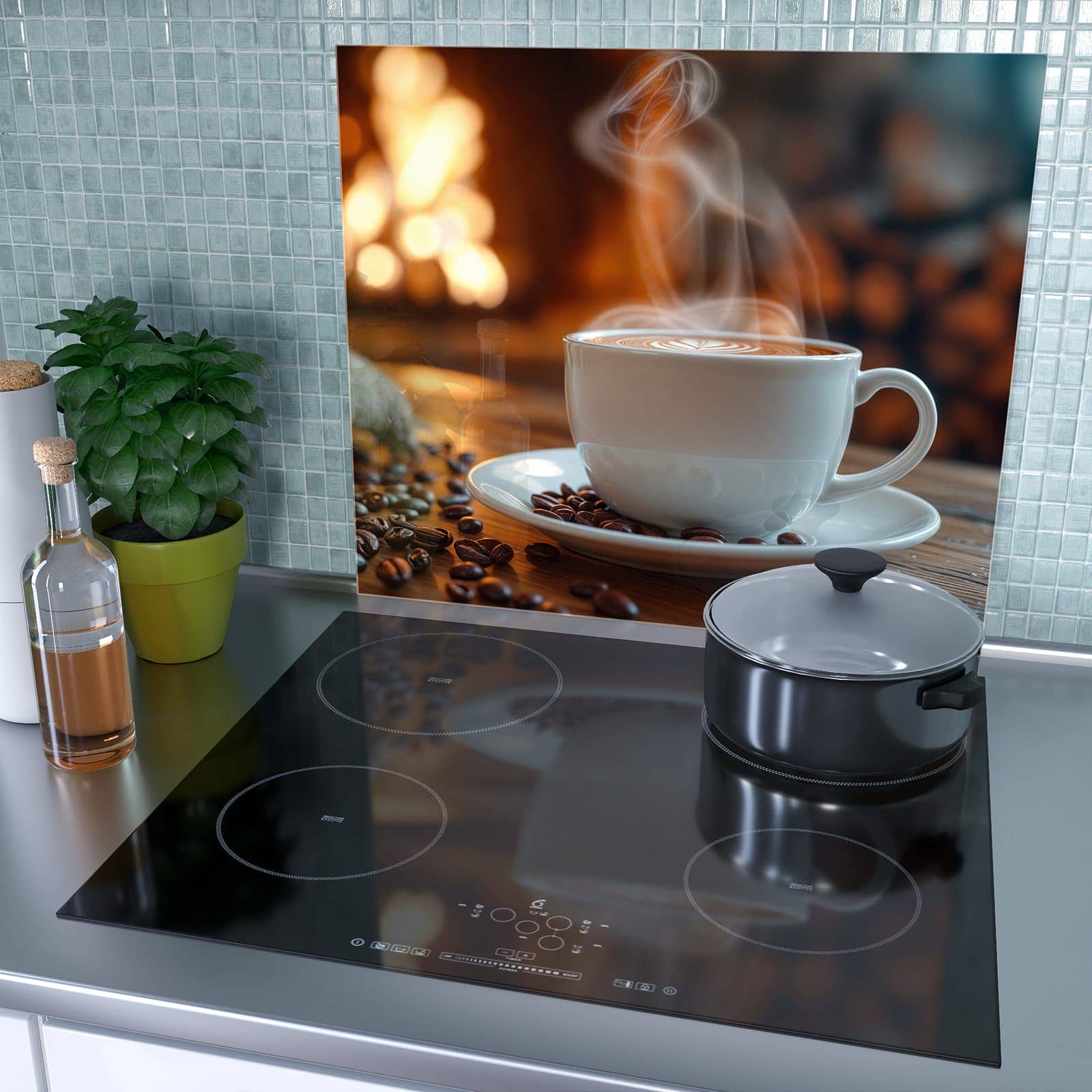 1-teilige Herdabdeckplatten für Ceranfeld mit Gemütliche Kaffeepause-Motiv als Spritzschutz hinter dem Kochfeld