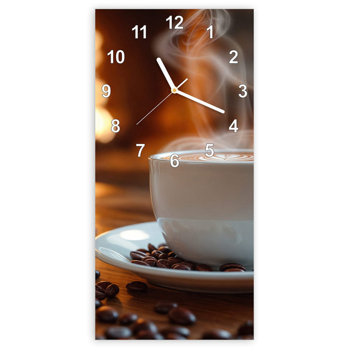 Wanduhr Gemütliche Kaffeepause aus Glas – Hochformat 30 × 60 cm mit Ziffernblatt Modern