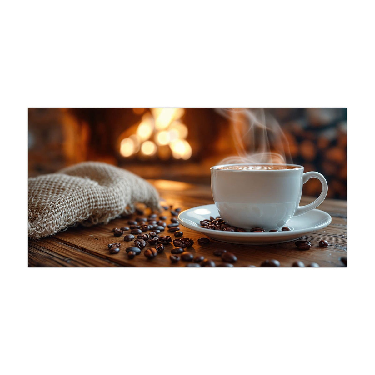 Küchenrückwand aus Glas Kaffee am Kaminfeuer im Hochformat, Motiv bildfüllend von vorn