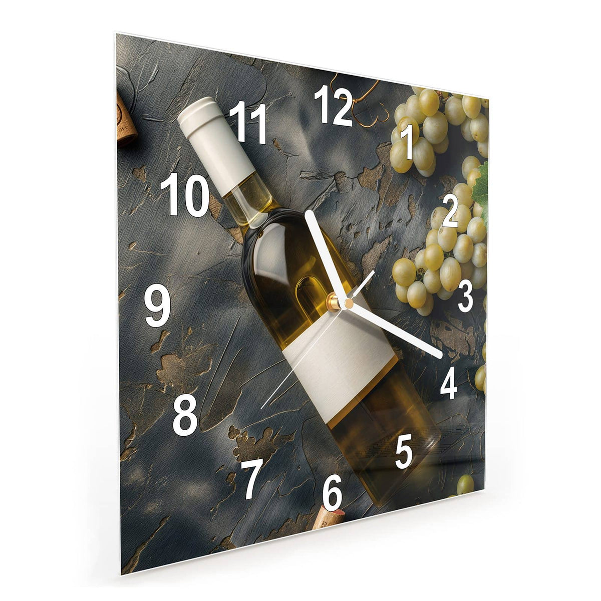 Quadratische Wanduhr aus Glas Weißwein mit Trauben schräg von der Seite, 4 mm starkes Glas