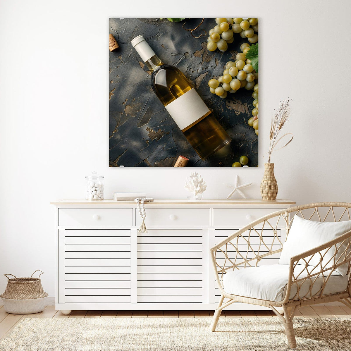 Echtglas, 4 mm – kein Acryl, keine Folie – Wandbild - Weißwein mit Trauben - Quadratisch