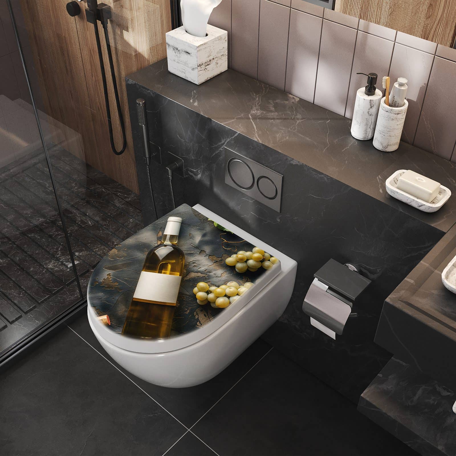 WC-Sitz mit Absenkautomatik Weintrauben mit Wein