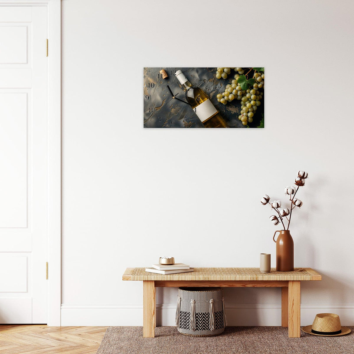 Moderne Wanduhr aus Glas mit Farbtiefe – Wanduhr Weintrauben mit Wein aus Glas – Querformat 60 × 30 cm