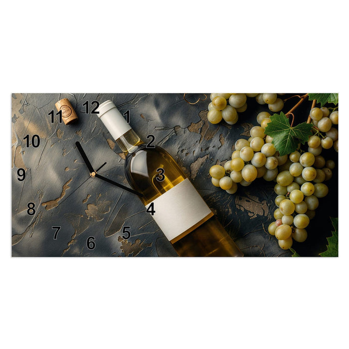 Wanduhr Weintrauben mit Wein aus Glas – Querformat 60 × 30 cm mit Ziffernblatt Modern