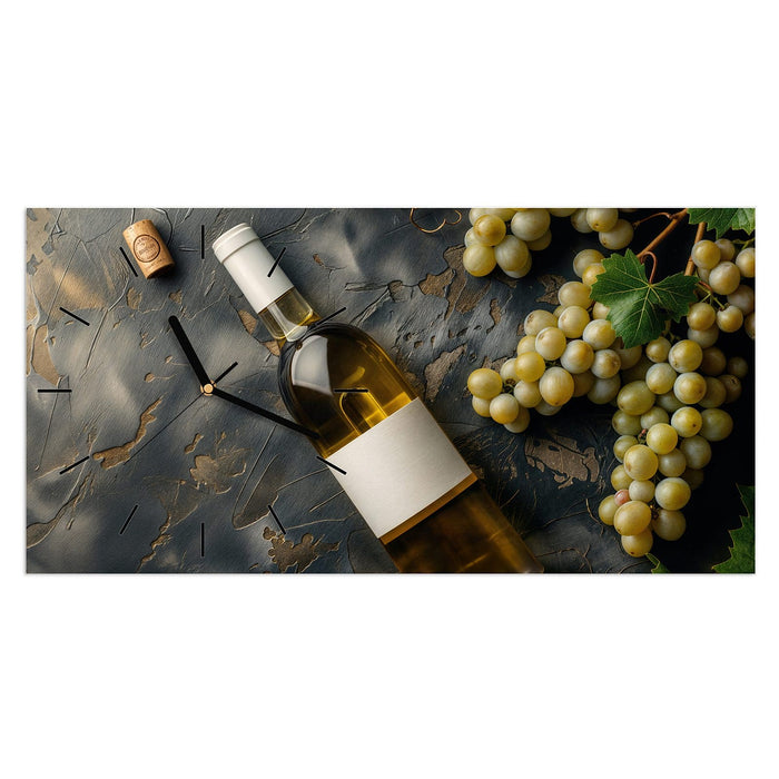 Wanduhr Weintrauben mit Wein aus Glas – Querformat 60 × 30 cm mit Ziffernblatt Linie