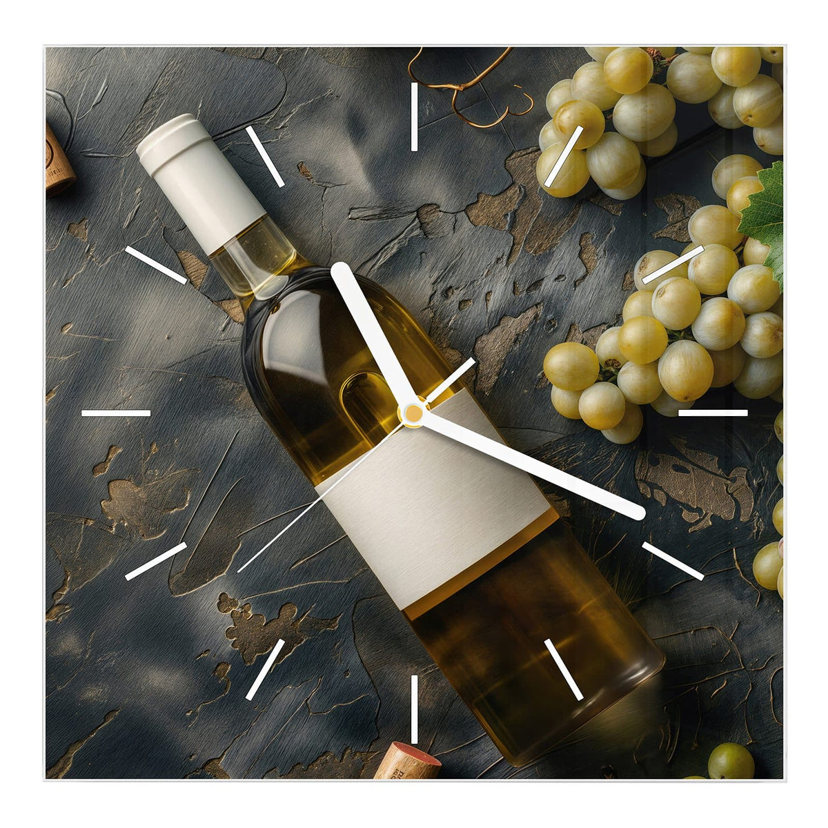 Wanduhr aus Glas, Ziffernblatt Linie: Liegende Weißweinflasche mit Naturkorken auf dunklem Schiefer, daneben helle Trauben