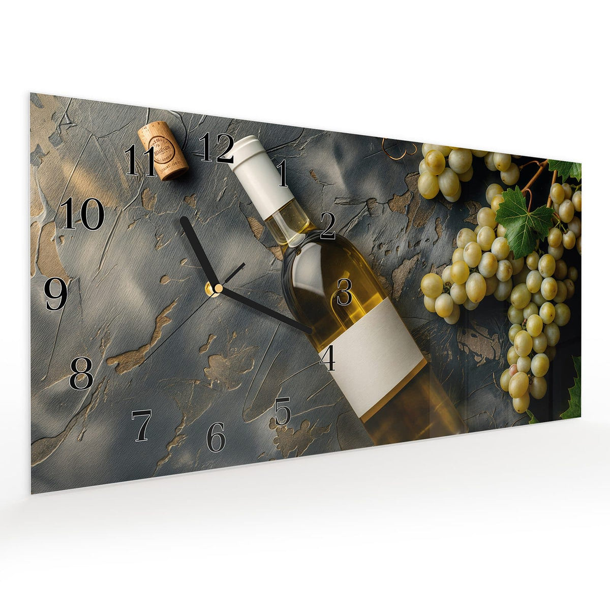 Vormontiert – mit Schwebeeffekt – Wanduhr Weintrauben mit Wein aus Glas – Querformat 60 × 30 cm